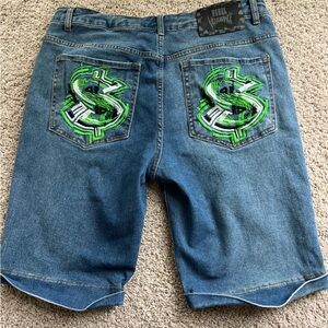 Y2K Rebel Vengeance Blue Denim Shorts with Green Dollar Sign embroidered